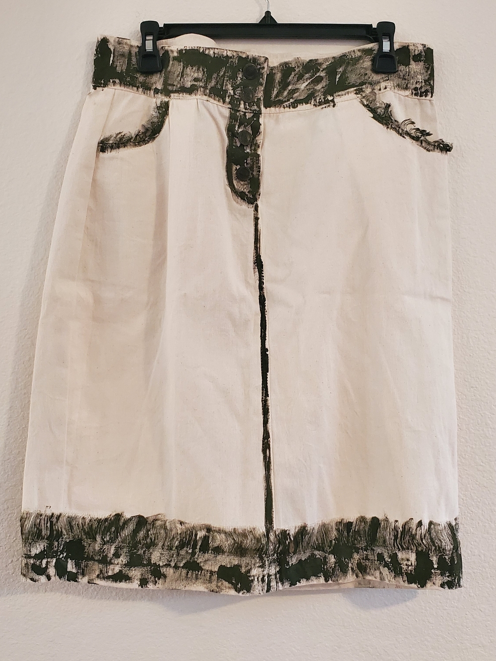 Boho Cream Midi Skirt with Forest Green Accent Trim